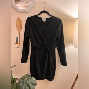 Black faux wrap, long sleeve dress